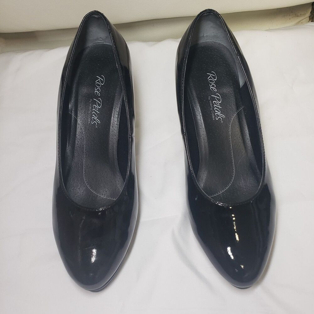 Rose Petals by Walking Cradles Black Patent Leather Dress Pumps Sz 7WW 2.5" heel